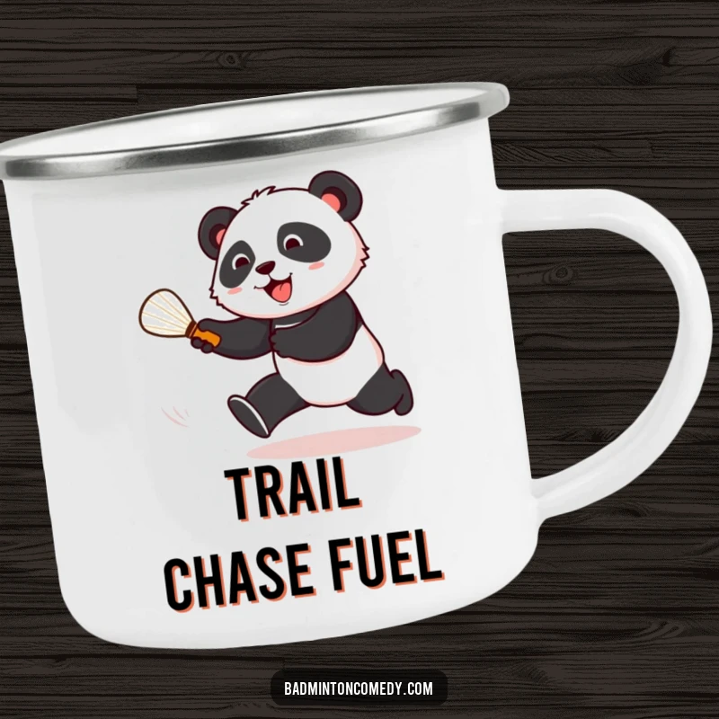 Funny panda chasing a shuttlecock on a badminton court, printed on a sturdy camping mug for outdoor fun.