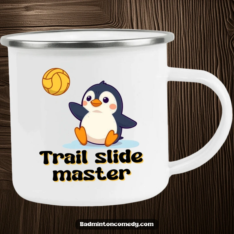 Funny Camping Mug: A playful penguin sliding on a tennis court, perfect for your next outdoor adventure.