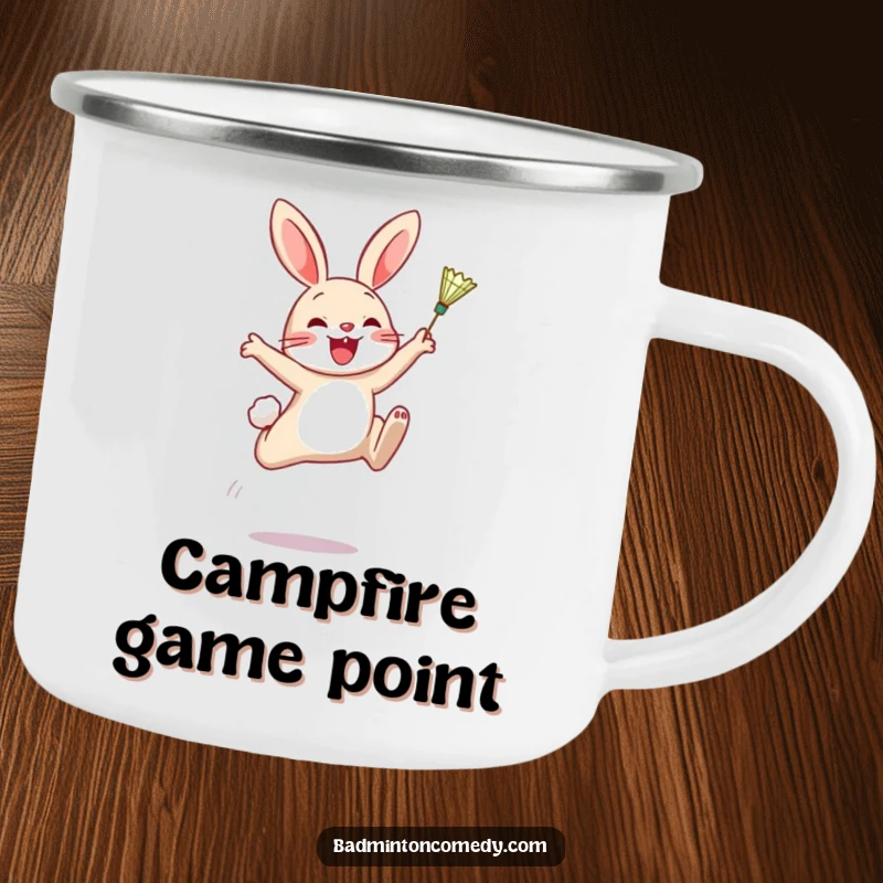 Funny Camping Mug: A joyful rabbit leaping high to hit a badminton shuttlecock, designed for outdoor enthusiasts.