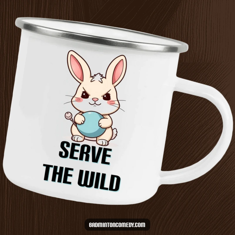 Funny rabbit camping mug with a determined rabbit ready to play tennis, perfect for outdoor adventures and laughs.