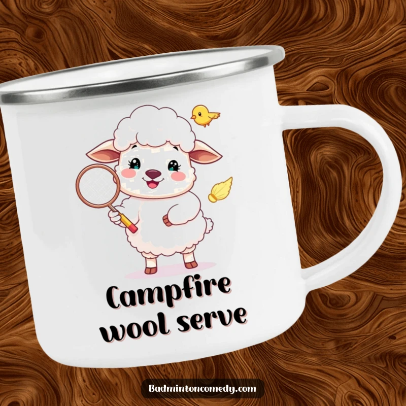 Funny Sheep Camping Mug: A sturdy camping mug showing a happy sheep serving a badminton shuttlecock.