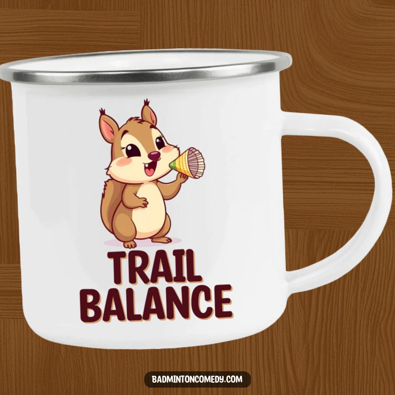 Funny Squirrel Trail Mix Camping Mug with a happy squirrel balancing a shuttlecock on its nose, perfect for wilderness enjoyment.
