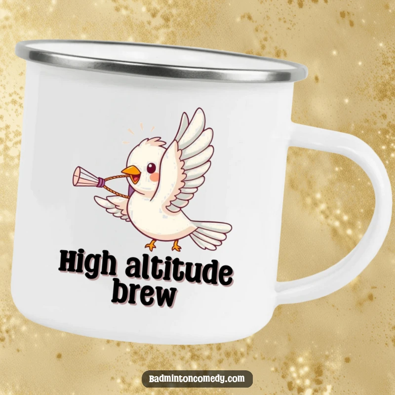 Funny bird character soaring with a shuttlecock in its beak, on a sturdy badminton camping mug, a great gift.