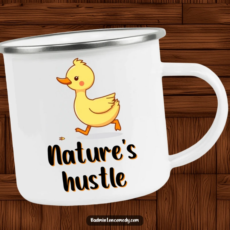 Funny duck waddling speedily towards a shuttlecock on a camping mug, perfect for outdoor humor.