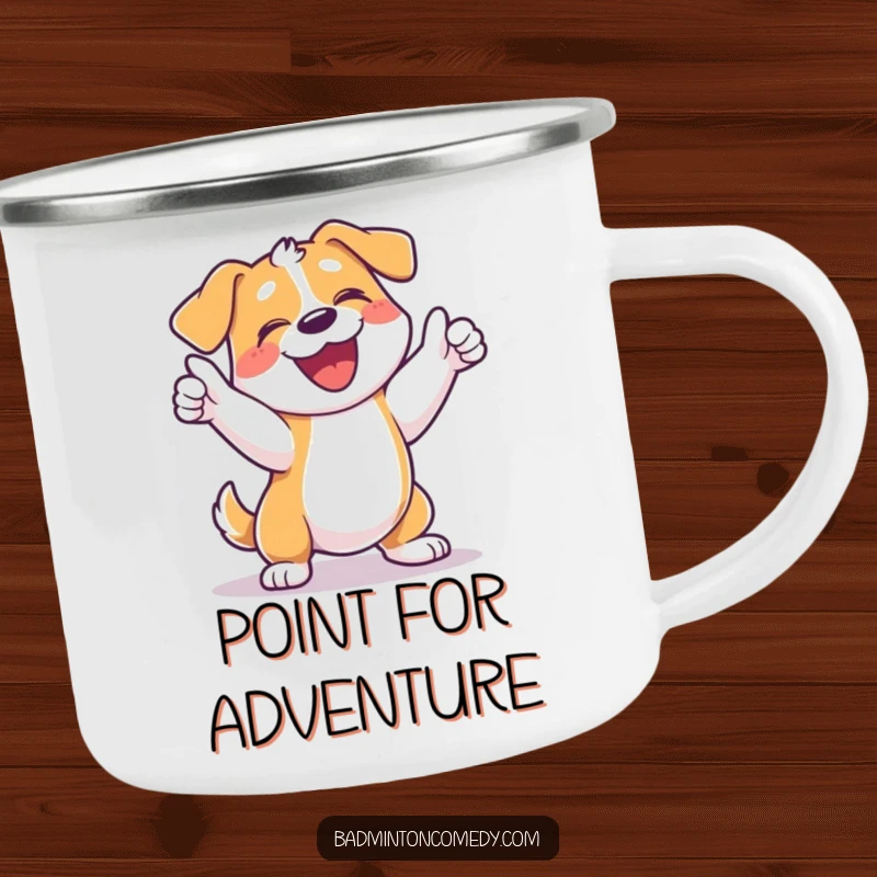 Funny dog camping mug showing a happy dog celebrating a tennis point with a bark and a swing.