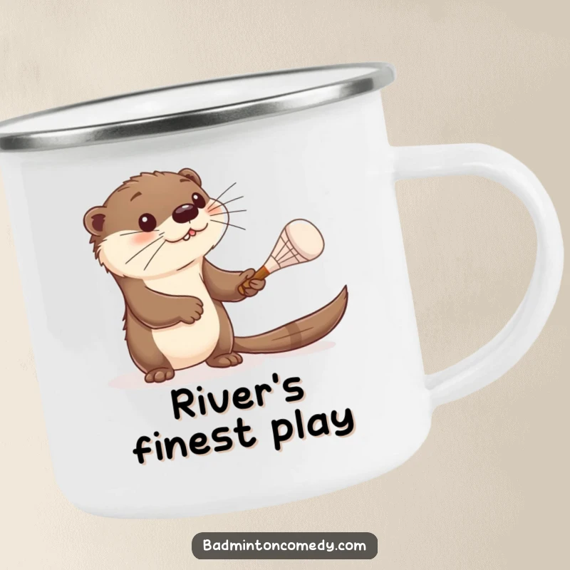 Funny otter camping mug, a curious otter batting a shuttlecock with a tiny racket, ideal for humorous outdoor excursions.
