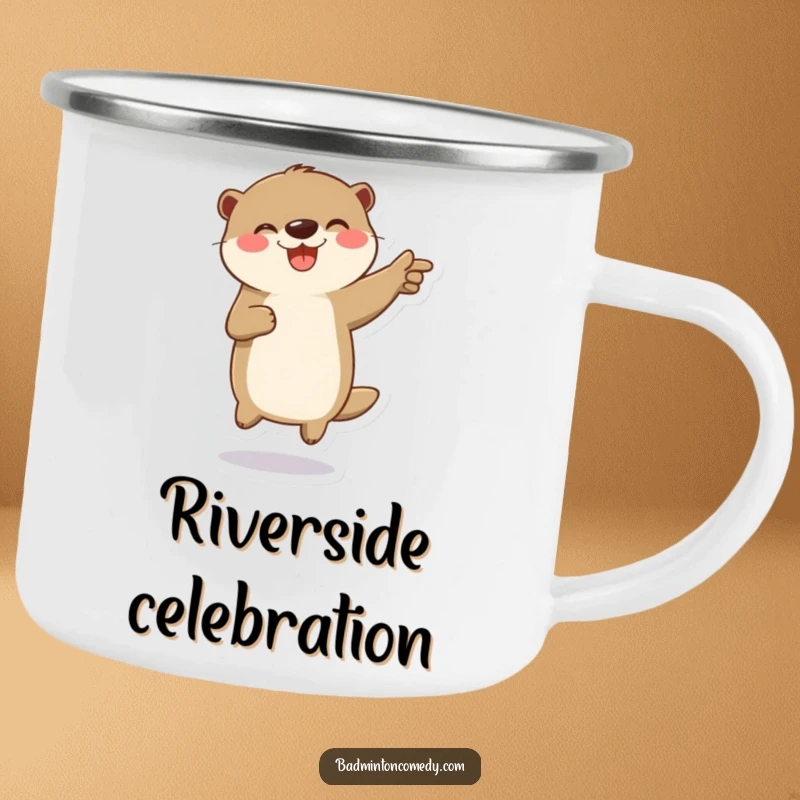 Funny camping mug showing a playful otter character jumping in celebration on a badminton court, for outdoor enthusiasts.