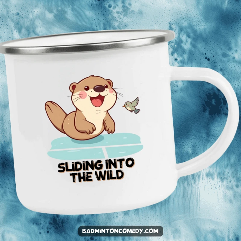 Funny Otter Badminton Camping Mug: A smiling otter sliding on a badminton court, perfect for enjoying drinks outdoors with humor.