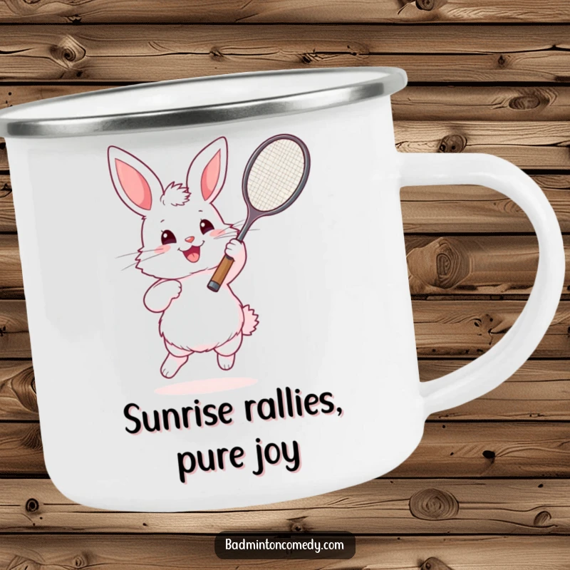 Funny Bunny Badminton Camping Mug: A fluffy rabbit playing badminton, perfect for outdoor adventures and hot drinks.