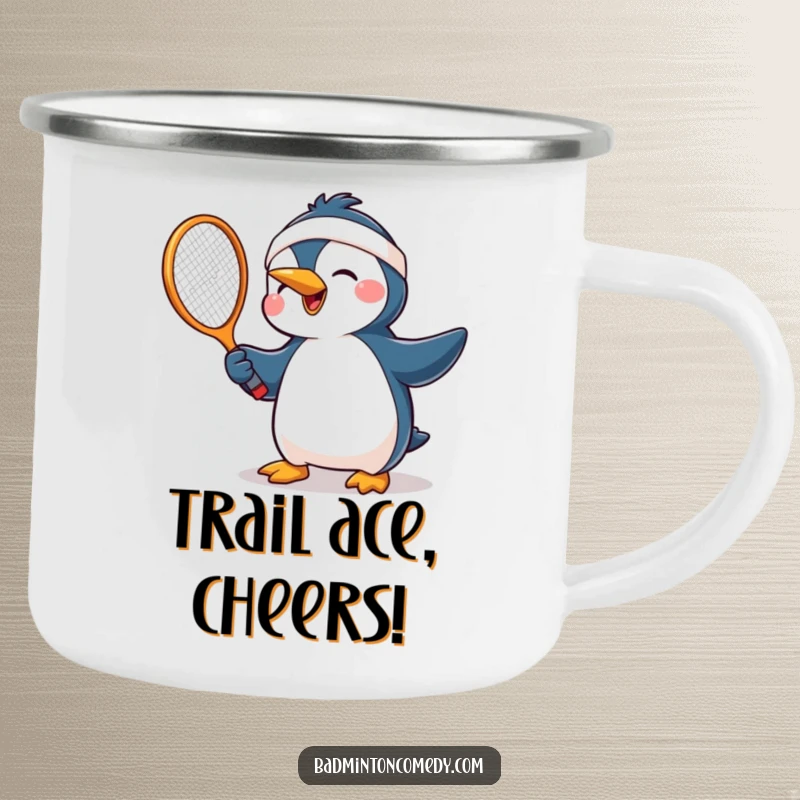 Funny penguin with headband, joyfully swinging a tennis racket, durable and humorous camping mug for outdoor enthusiasts.