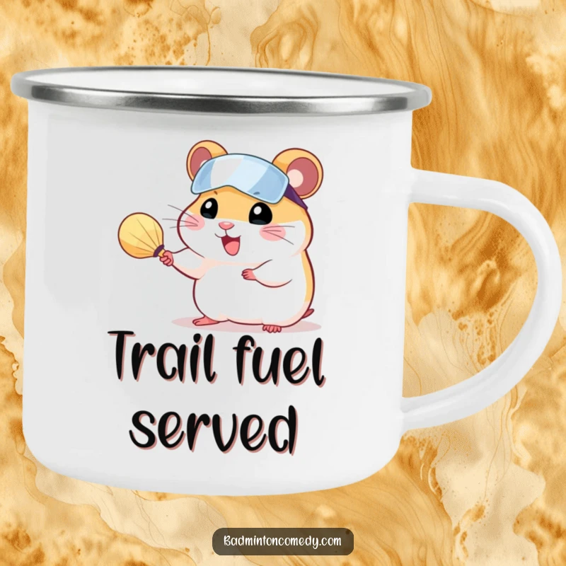 Funny hamster wearing a visor, serving a shuttlecock with a tiny racket, on a sturdy camping mug.