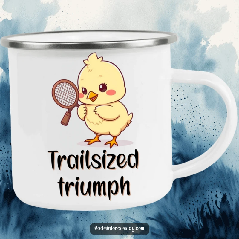 Funny chick pecking a shuttlecock with a tiny racket, designed for durability on this humorous camping mug.
