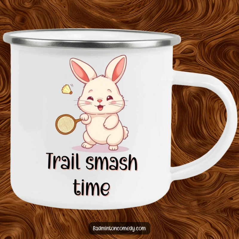 Funny Bunny Badminton Camping Mug: A fluffy bunny plays badminton outdoors, hitting a shuttlecock with a tiny racket.