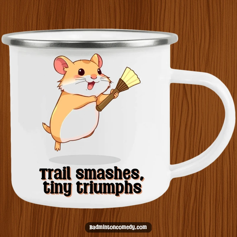 Funny Hamster Badminton Camping Mug: A determined hamster leaping with a tiny racket, perfect for outdoor drinks and inspiration.
