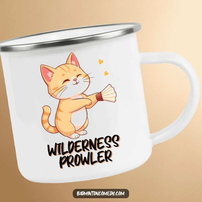 Funny cat gracefully striking a shuttlecock with a playful wink on this durable and humorous camping mug.