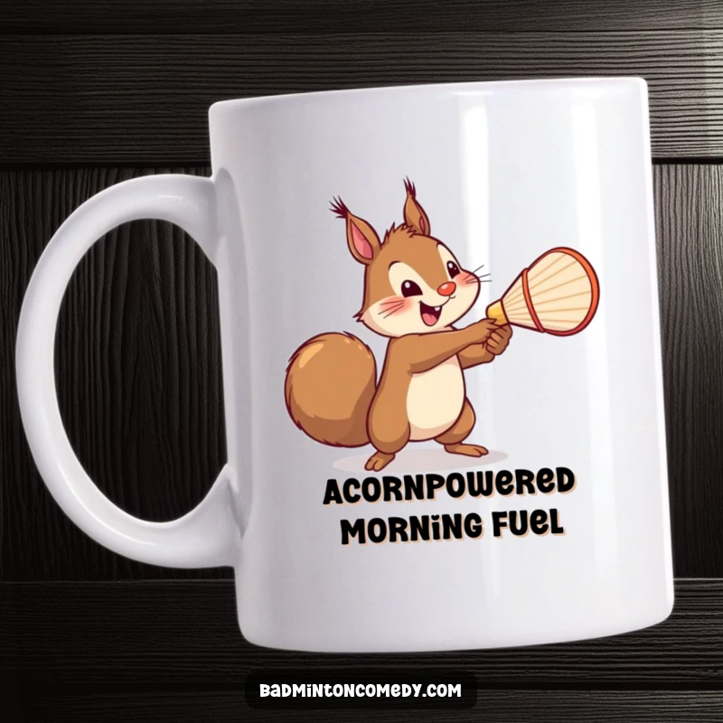 Funny Squirrel Badminton Mug: A cheerful squirrel serving a shuttlecock with a mighty swing in a humorous sports scene.