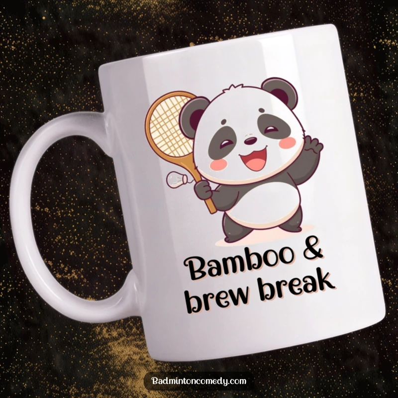 Funny smiling panda gleefully hitting a shuttlecock with a large racket on this cheerful badminton mug.