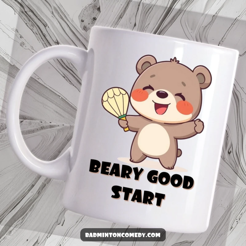 Funny Bear Badminton Mug: A small, smiling bear enthusiastically serves a shuttlecock with a badminton racket.