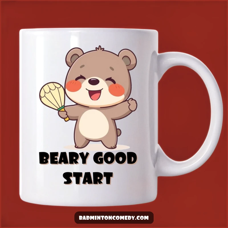 Funny Bear Badminton Mug: Smiling Cub Serves Shuttlecock - Perfect Gift!