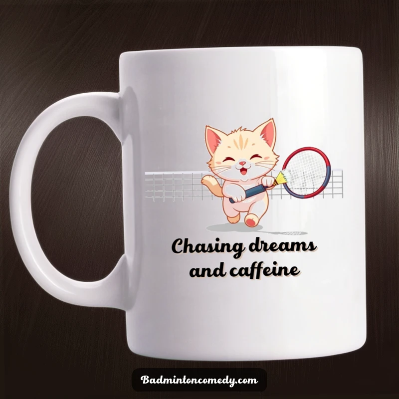 Funny Kitten Badminton Mug: A playful kitten energetically chasing a shuttlecock across a badminton court in a humorous scene.