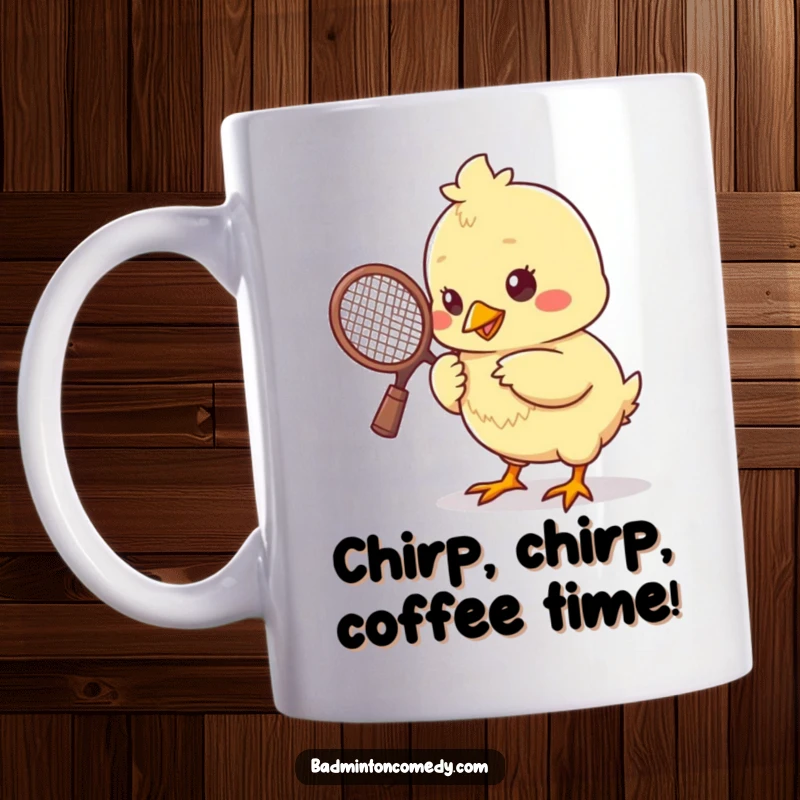 Funny chick pecking a shuttlecock with a tiny racket, looking determined and adorable on this cute mug.