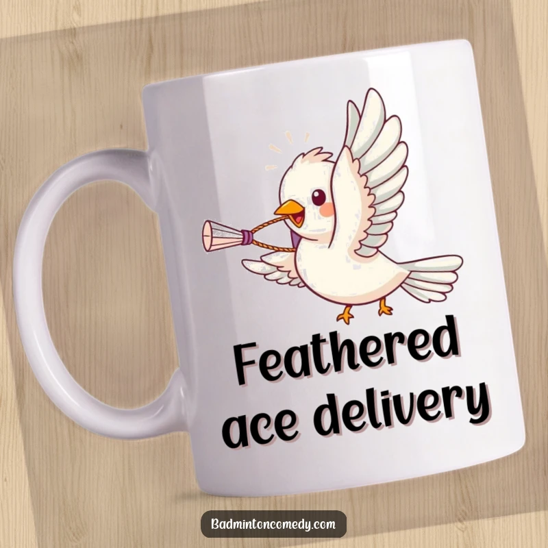 Funny bird character soaring with a shuttlecock in its beak on a hilarious badminton mug, perfect for gifting.