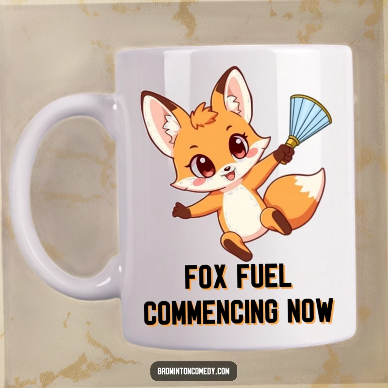 Funny Fox Mug: Enthusiastic character with wide eyes leaping high to smash a shuttlecock, embodying playful determination in a game.