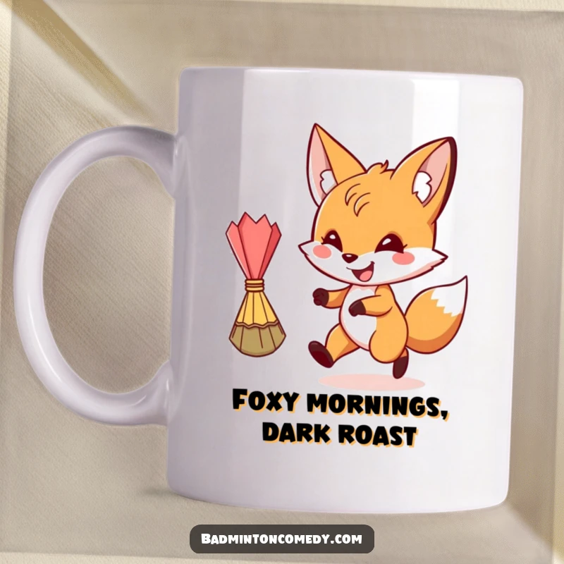 Funny playful fox with a grin chasing a shuttlecock, perfect for a funny mug gift.
