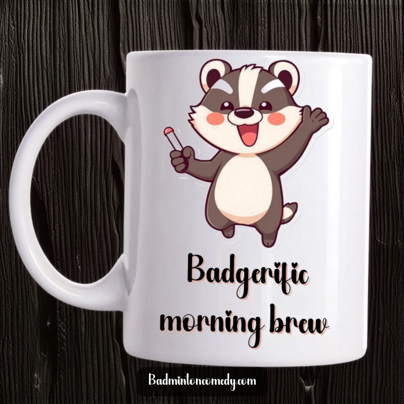 Funny Badger Triumph Mug: A joyful badger character leaps triumphantly mid-air, celebrating a won point with pure elation.