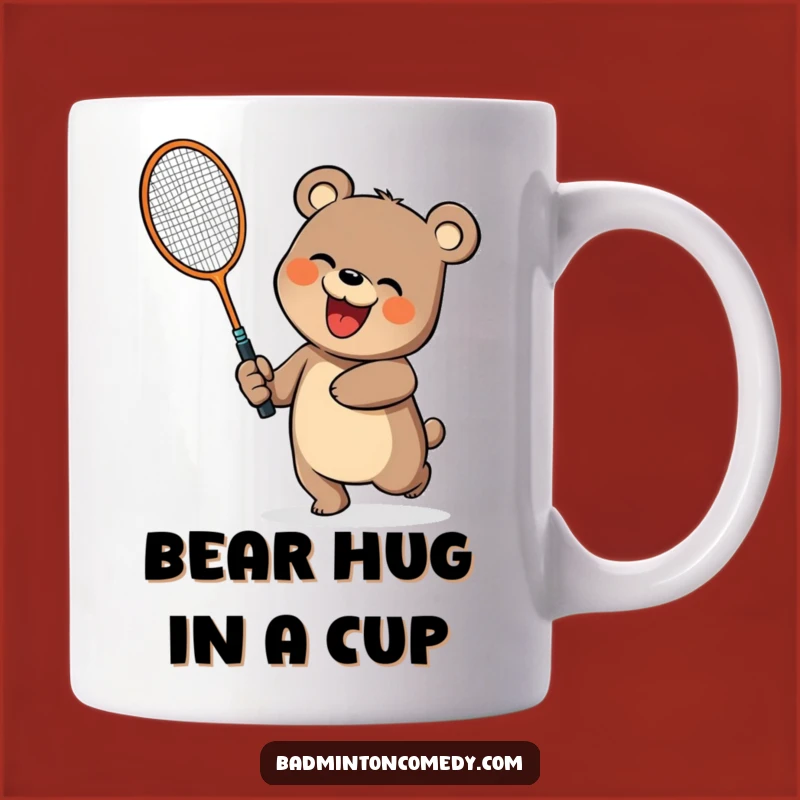 Funny Bear Badminton Mug: Cheerful Bear Swinging Racket, Perfect Funny Gift!