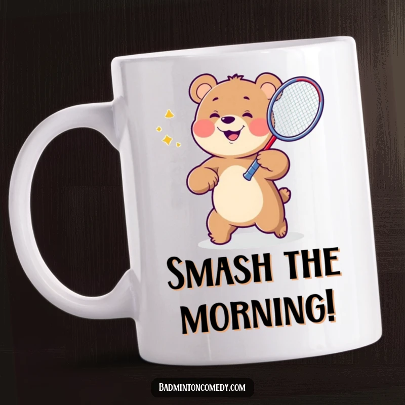 Funny Bear Badminton Mug showing a cheerful bear character energetically swinging a badminton racket, ready for a powerful smash.