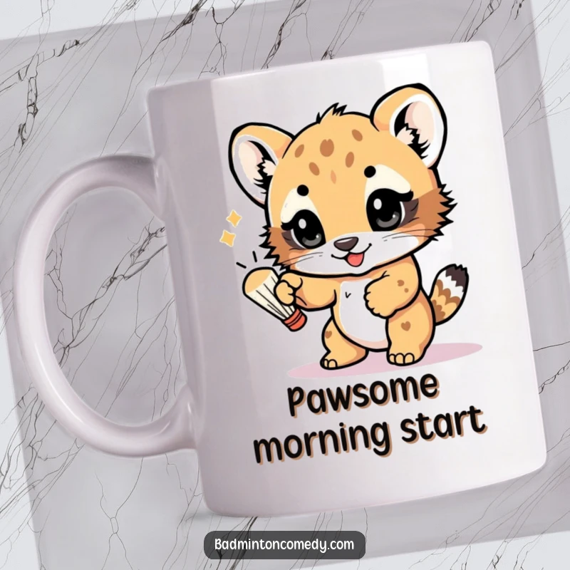 Funny mug showing a playful bear cub batting a shuttlecock with its paw, eyes sparkling with pure, unadulterated fun and energetic joy.