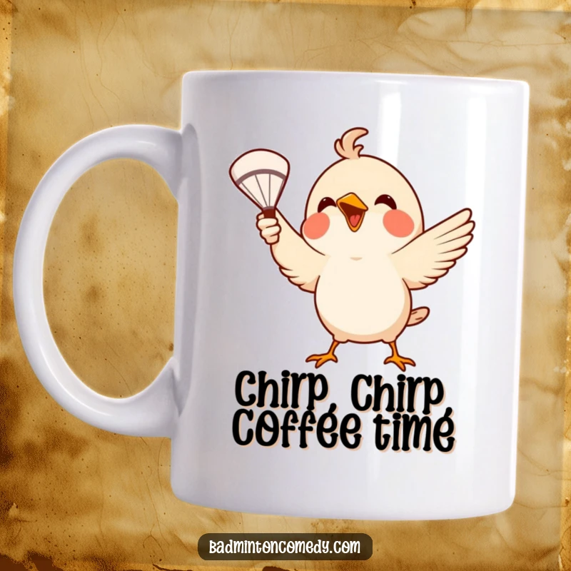 Funny Mug: A small cartoon bird energetically serves a badminton shuttlecock using its beak, looking excited and ready to play.