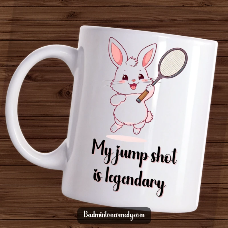 Funny Bunny Badminton Mug showing a fluffy rabbit energetically swinging its racket in a comical sports scene.