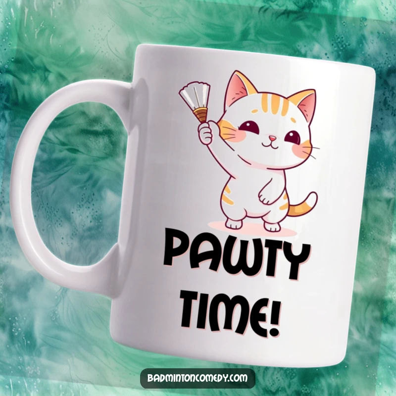 Funny Cat Badminton Mug featuring a playful cat character actively batting at a shuttlecock with its paw, full of feline focus.