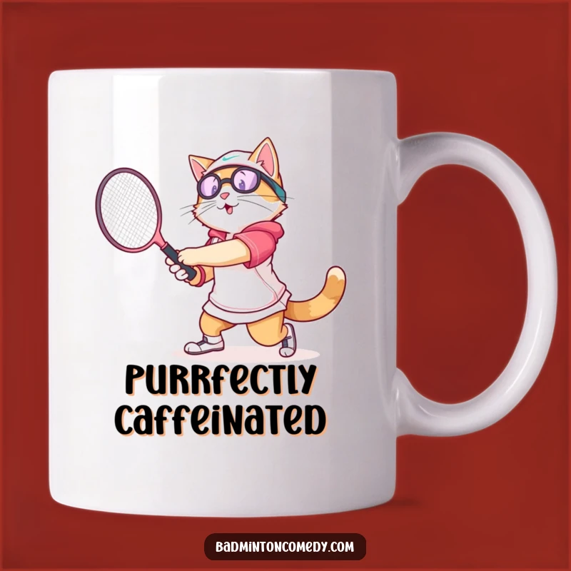 Funny Cat Badminton Mug: Athletic Feline Swinging Racket, Great Funny Gift