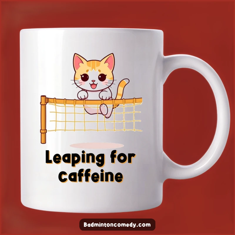 Funny Cat Jump Mug: Agile Feline Over Net, Perfect Gift