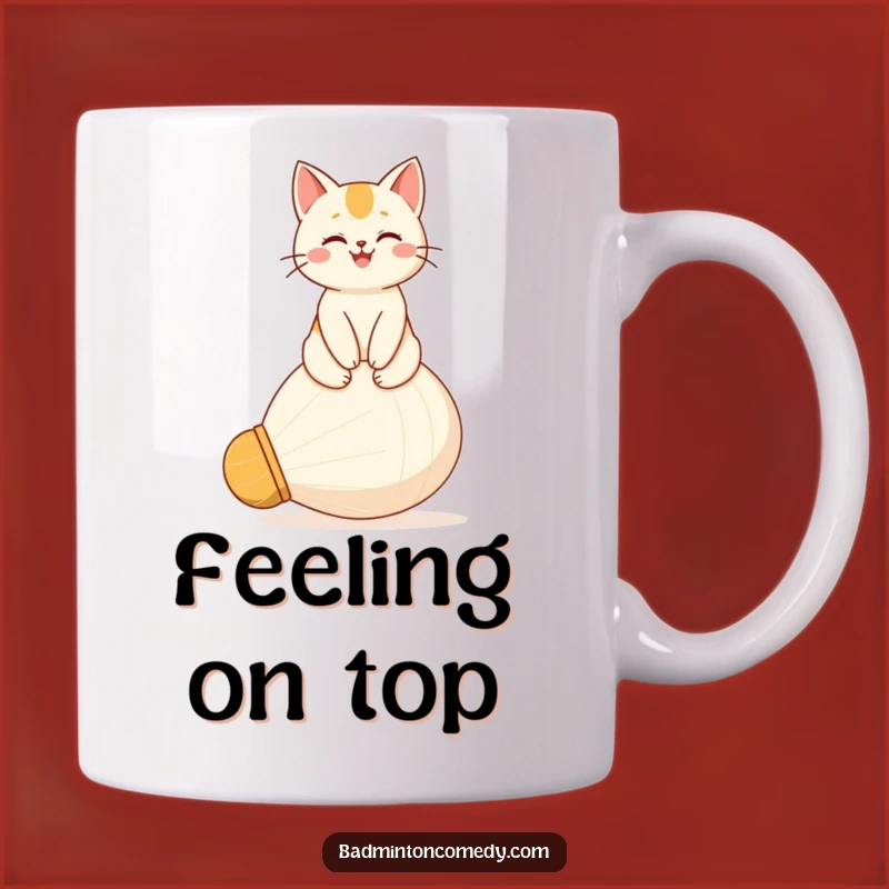 Funny Cat Throne Mug: Proud Feline on Shuttlecock, Perfect Gift