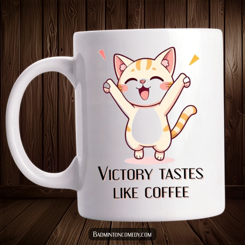 Funny mug featuring a small cat character jumping enthusiastically to celebrate scoring a point, conveying pure feline triumph and joy.
