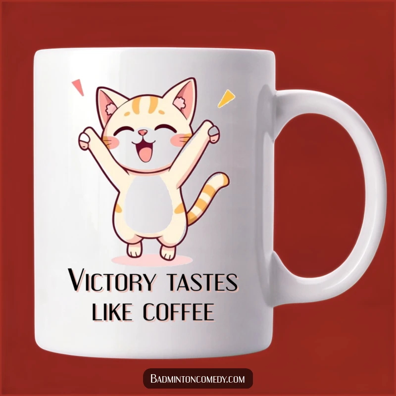 Funny Cat Victory Jump Mug: Enthusiastic Feline Celebrating a Point, Perfect Gift