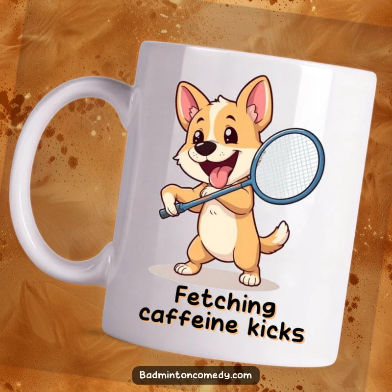 Funny Dog Badminton Mug: A cheerful dog swings a badminton racket with immense enthusiasm, ready to smash a shuttlecock.