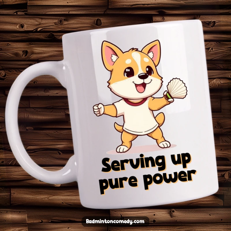 Funny dog in athletic stance, ready to smash a shuttlecock on this hilarious badminton mug, perfect for sports fans.