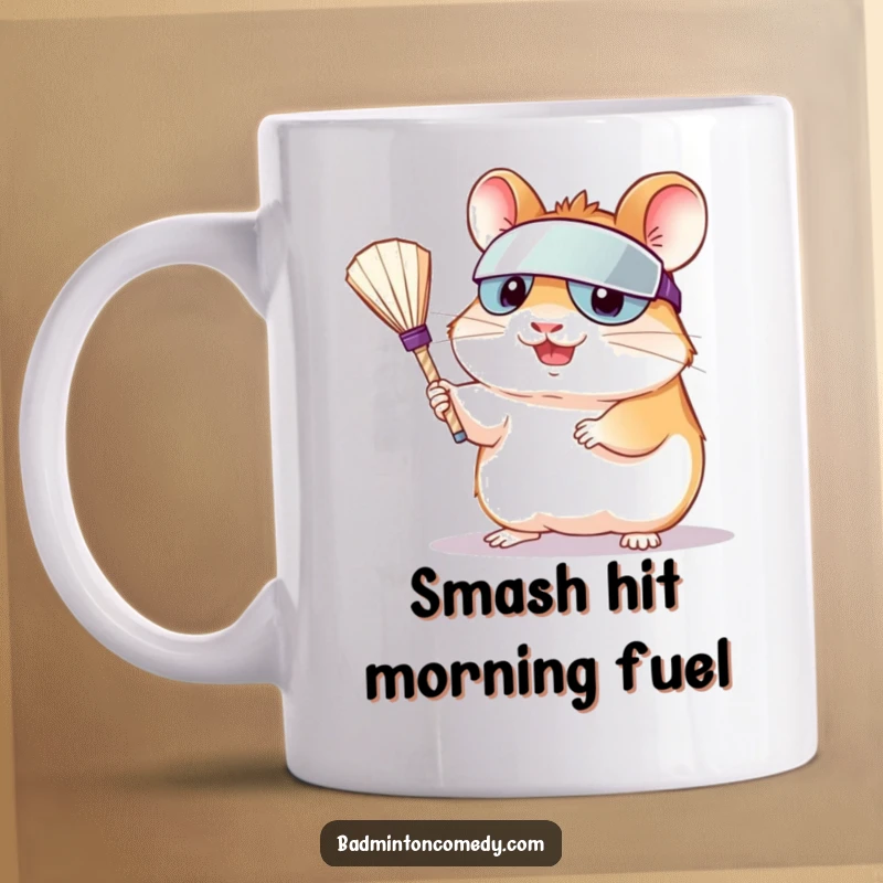 Funny hamster wearing a visor, enthusiastically serving a shuttlecock in a cartoon style, ready for a badminton match.