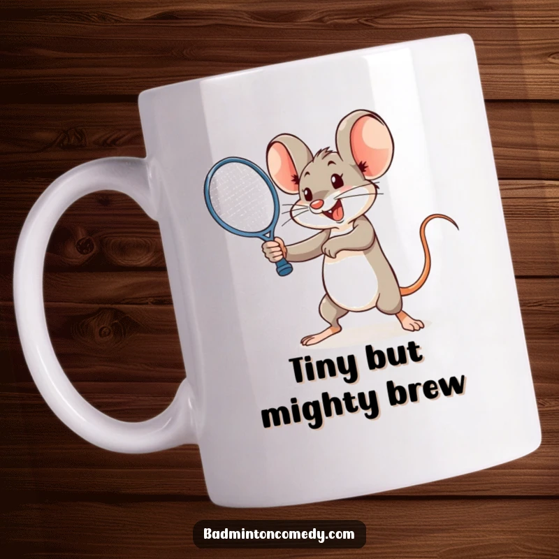 Funny cheerful mouse powerfully smashing a shuttlecock with a racket on a mug, showing action.