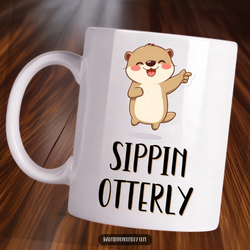 Funny mug featuring a playful otter character excitedly jumping in celebration after scoring a point in badminton.