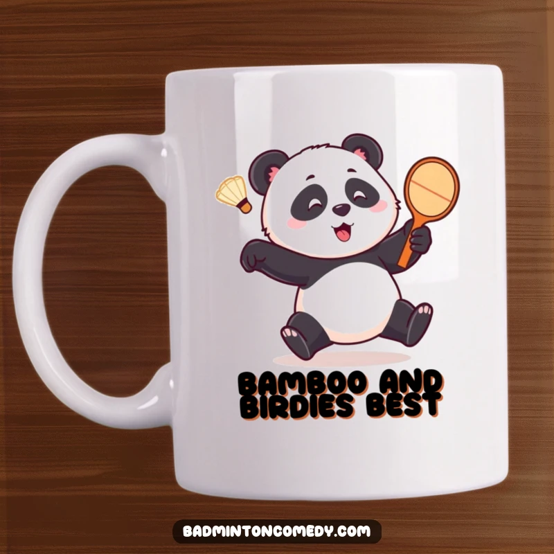 Funny panda mug, a playful bear comically chasing a shuttlecock with a racket, showing determination and hilarious effort in a game.