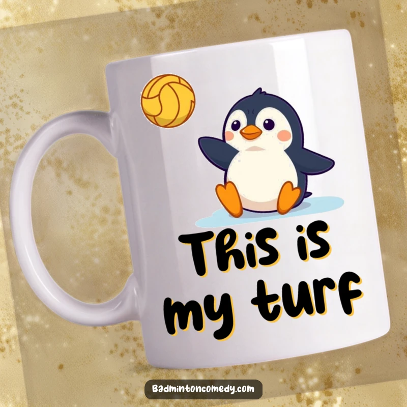 Funny Mug: A determined penguin comically sliding on a tennis court, reaching for a volley with great effort.