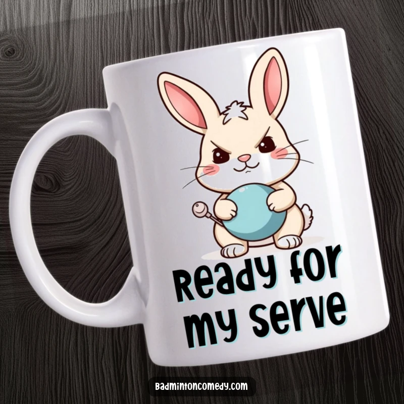 Funny rabbit mug featuring a determined rabbit ready to receive a tennis serve with a mischievous grin.