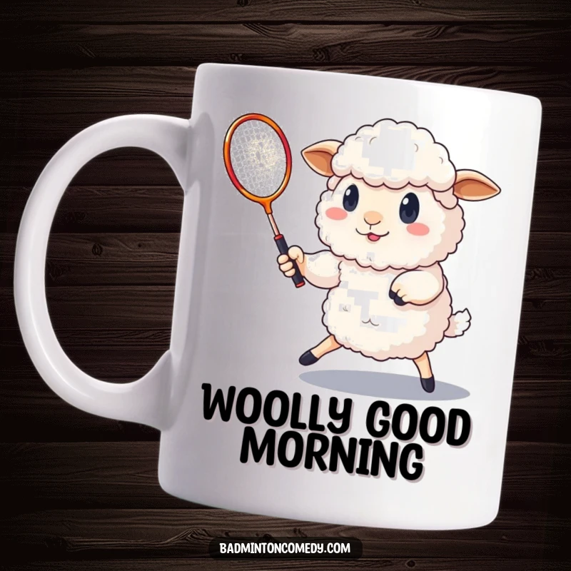 Funny fluffy sheep with a determined expression, focused on playing badminton with a shuttlecock on this mug.
