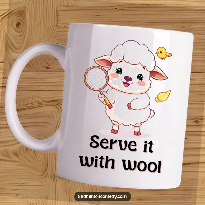 Funny Sheep Mug: A cheerful sheep happily serves a badminton shuttlecock with a wide smile.